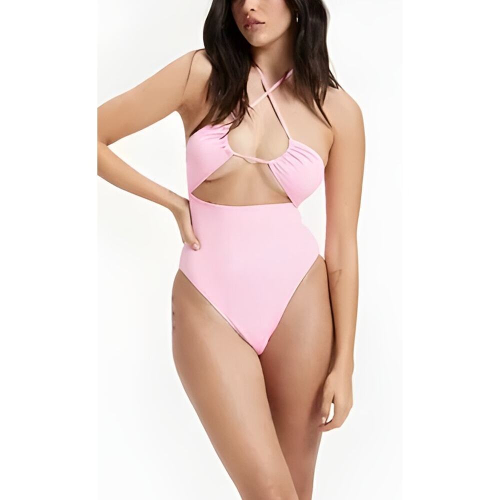 Good American Halter One Piece Swimsuit Cutout Strappy Sugar Pink NWT Medium